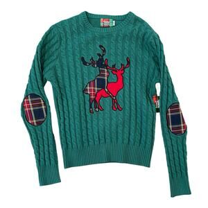 Spencers Cable Knit Holiday Sweater Unisex Medium Green Red Reindeer Novelty